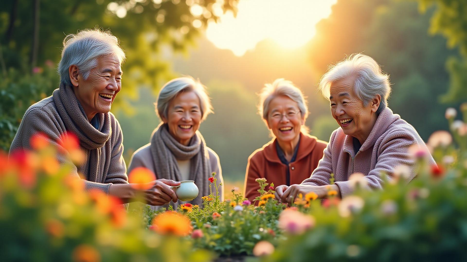 趣味を楽しみ、笑顔で会話するアクティブな高齢者たち。温かい光が差し込む豊かな空間